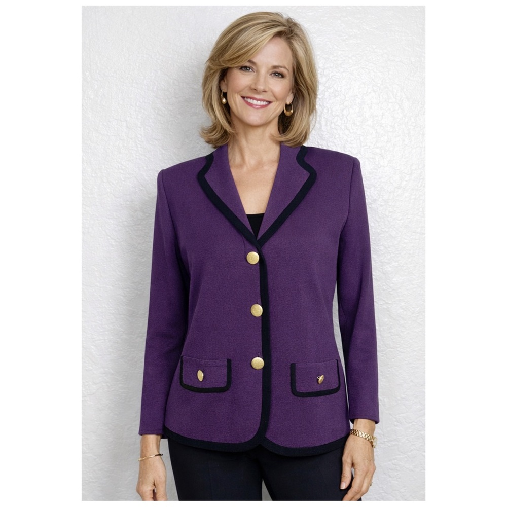 MISOOK Women’s Size XS‎ Petite Purple Black Trim Knit Button-Up Blazer Cardigan
